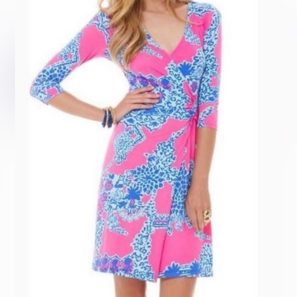 Lilly Pulitzer ๐ชท Pop Pink ON THE SQUARE YVETTE DRESS V-Neck Faux Wrap - Picture 1 of 5